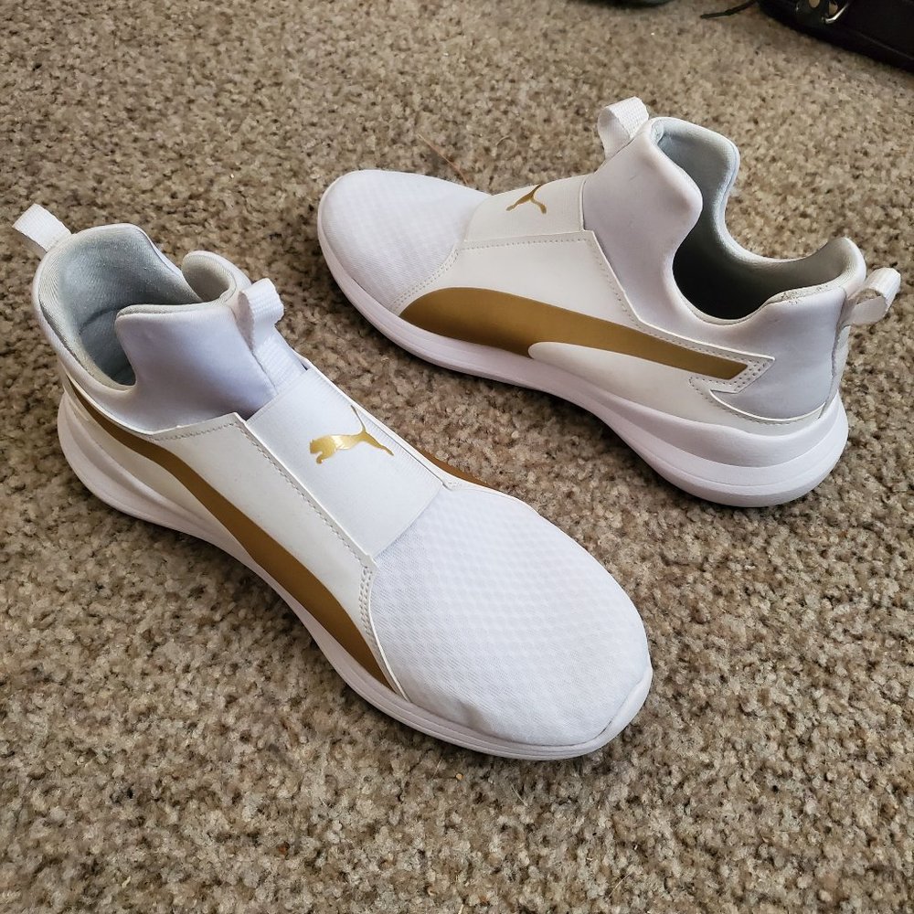 NEW! PUMA White/Gold Tieless Running Sneakers